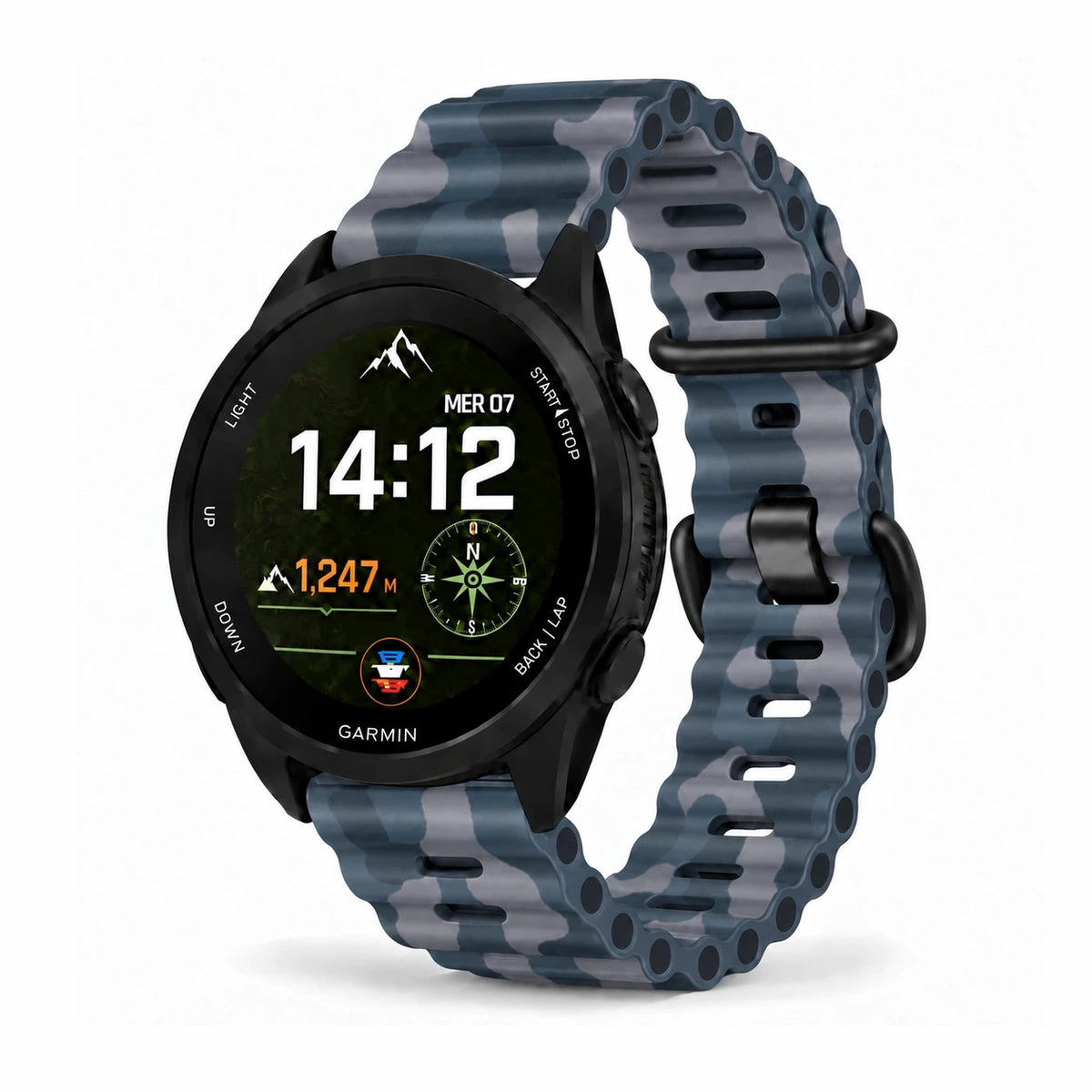 Bracelet Drift silicone ventilé camo bleu, vue de face - Garmin QuickFit 22mm | Clipz-it