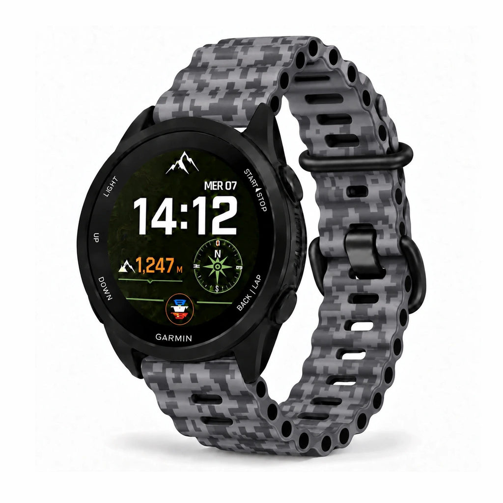 Drift silikoninė laikrodžio apyrankė su ventiliacijos angomis, pilkas kamufliažo raštas, vaizdas iš priekio - Garmin QuickFit 22 mm | Clipz-it