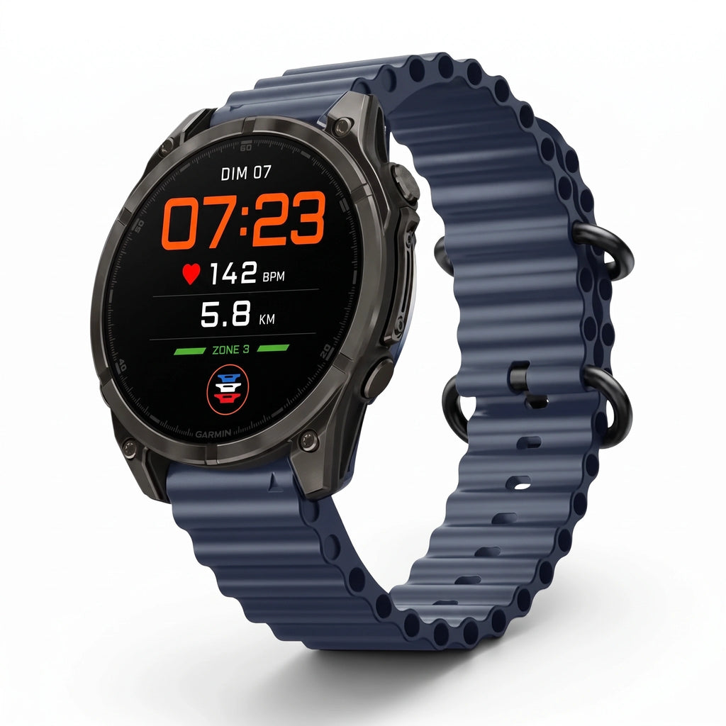 Bracelet Marine silicone bleu, vue de profil - Garmin QuickFit 22mm | Clipz-it