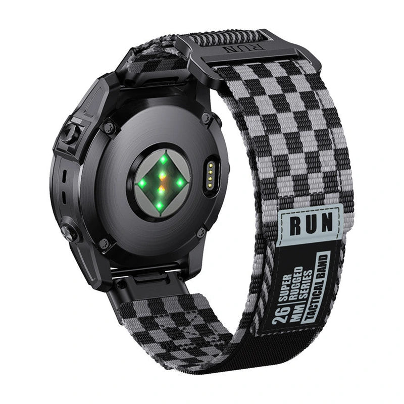 Striker black and white racing braided nylon strap with velcro fastening, side view - Garmin QuickFit 22 mm | Clipz-it