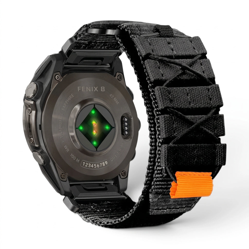 Bracelet Trekker nylon noir, vue de face - Garmin QuickFit 22mm | Clipz-it