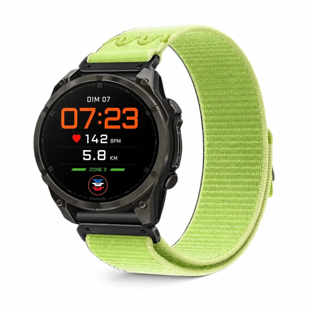 Bracelet Weave nylon tressé vert, vue de face - Garmin QuickFit 22mm | Clipz-it