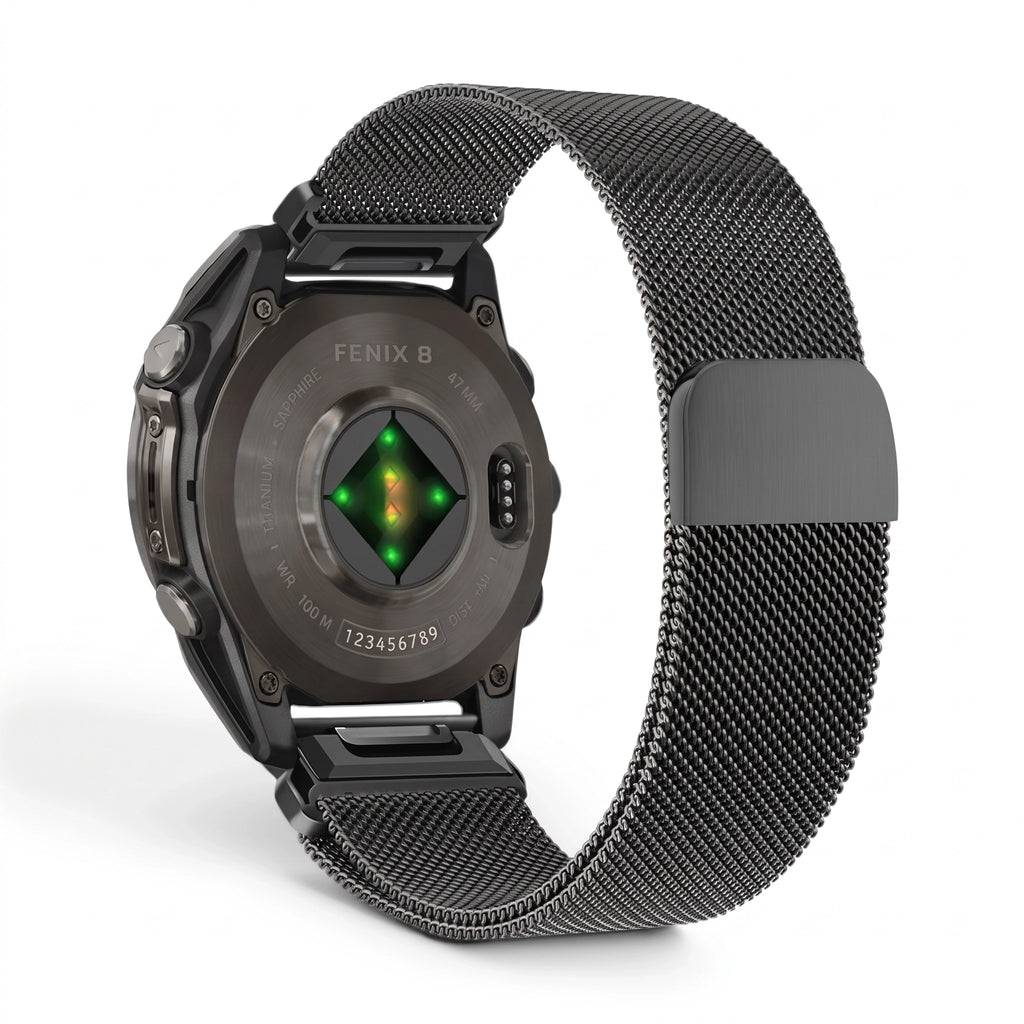 Bracelet Alvéole milanais acier noir, vue de dos - Garmin QuickFit 26mm | Clipz-it