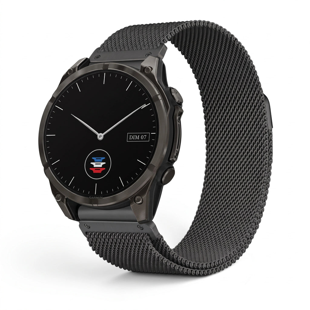 Bracelet Alvéole milanais acier noir, vue de face - Garmin QuickFit 26mm | Clipz-it