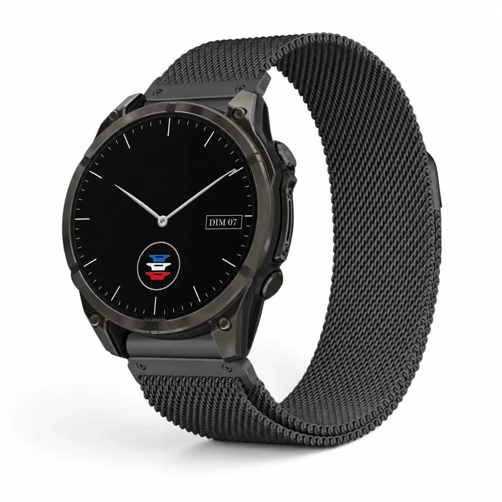 Bracelet Alvéole milanais acier noir, vue de face - Garmin QuickFit 26mm | Clipz-it