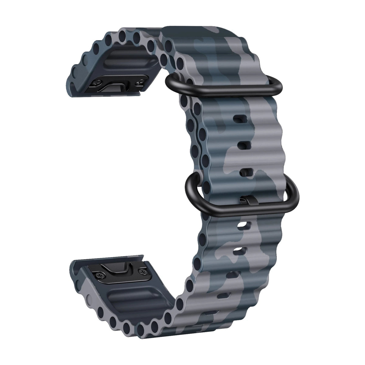 Silikonski remen za sat Drift s ventilacijskim otvorima, plavi maskirni uzorak, pogled straga - Garmin QuickFit 26 mm | Clipz-it