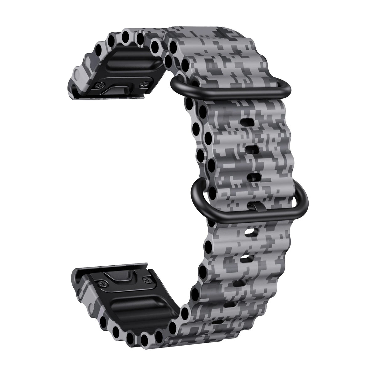 Silikonski remen za sat Drift s ventilacijskim otvorima, sivi maskirni uzorak, pogled straga - Garmin QuickFit 26 mm | Clipz-it