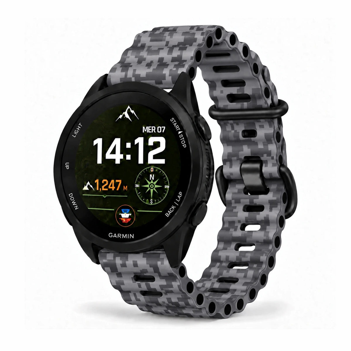 Silikonski remen za sat Drift s ventilacijskim otvorima, sivi maskirni uzorak, pogled sprijeda - Garmin QuickFit 26 mm | Clipz-it