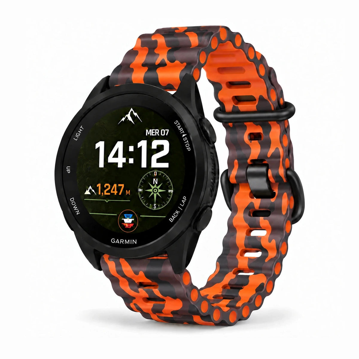 Bracelet Drift silicone ventilé camo orange, vue de face - Garmin QuickFit 26mm | Clipz-it