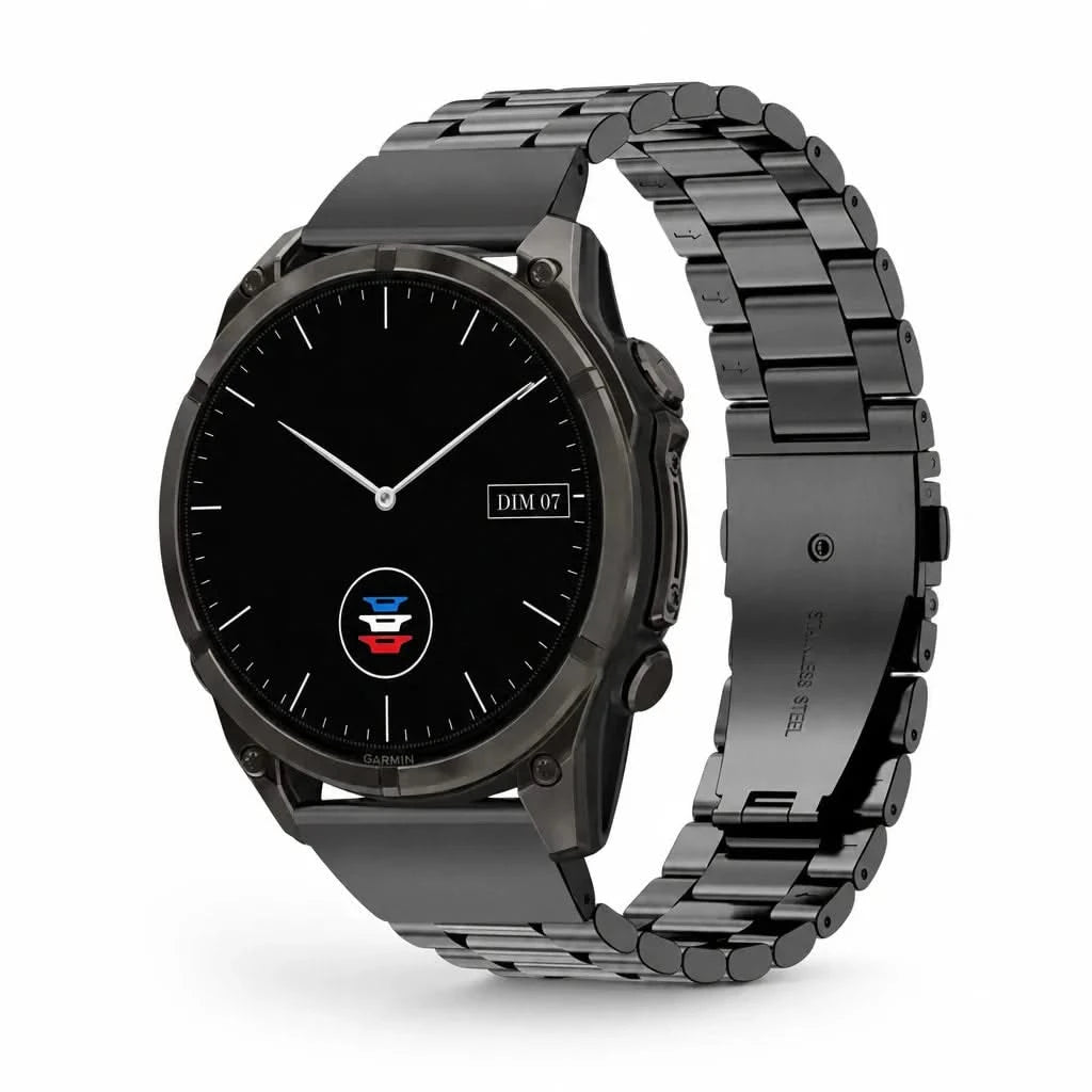 Bracelet Maillon acier inoxydable acier noir, vue de face - Garmin QuickFit 26mm | Clipz-it