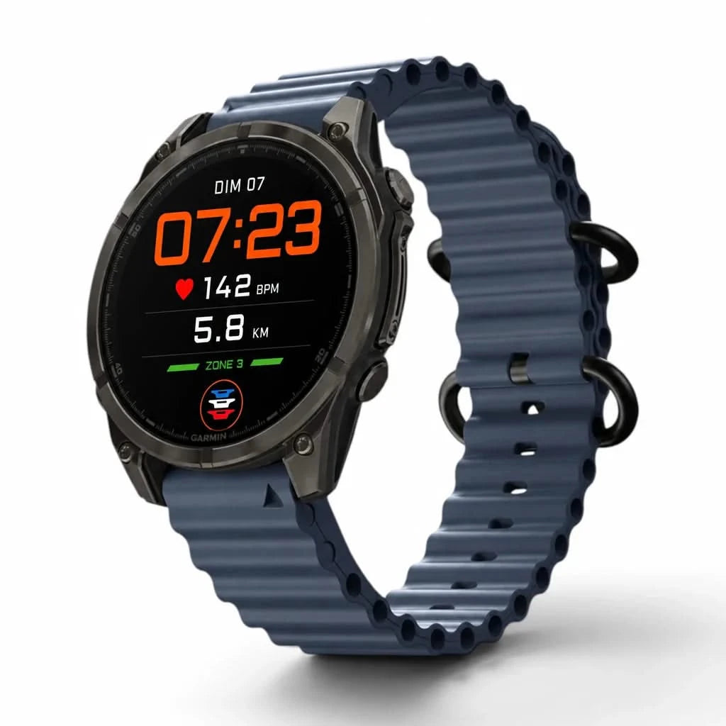 Bracelet Marine silicone bleu, vue de profil - Garmin QuickFit 26mm | Clipz-it