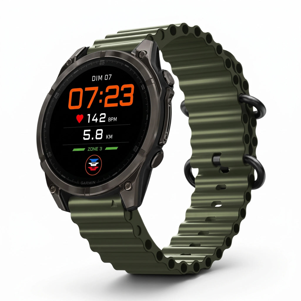 Bracelet Marine silicone vert militaire, vue de face - Garmin QuickFit 26mm | Clipz-it