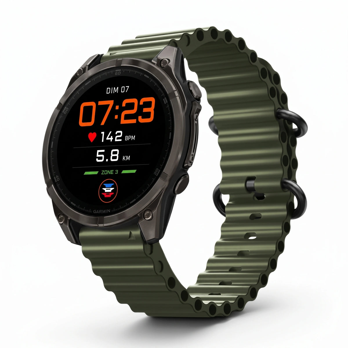 Bracelet Marine silicone vert militaire, vue de face - Garmin QuickFit 26mm | Clipz-it