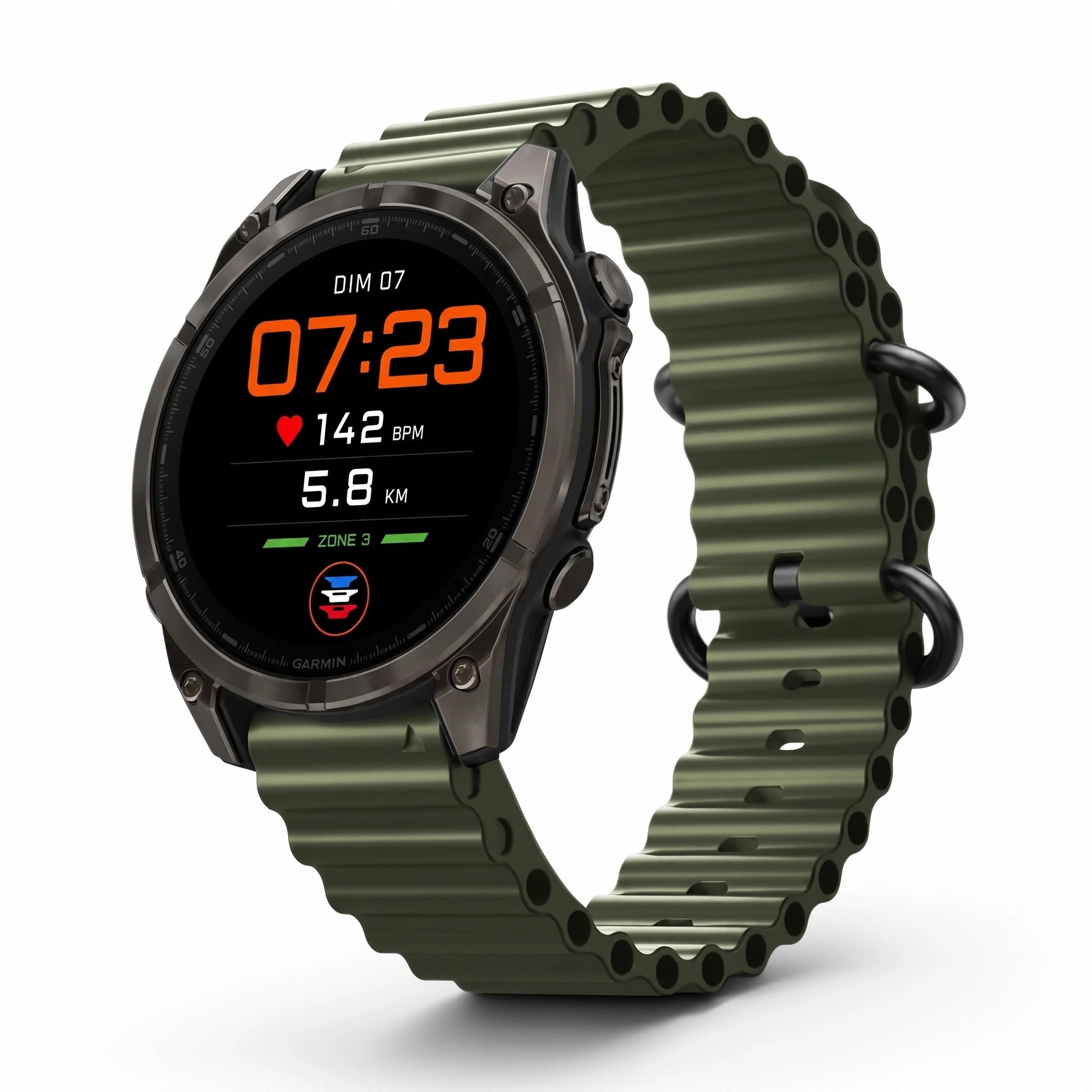 Bracelet Marine silicone vert militaire, vue de face - Garmin QuickFit 26mm | Clipz-it
