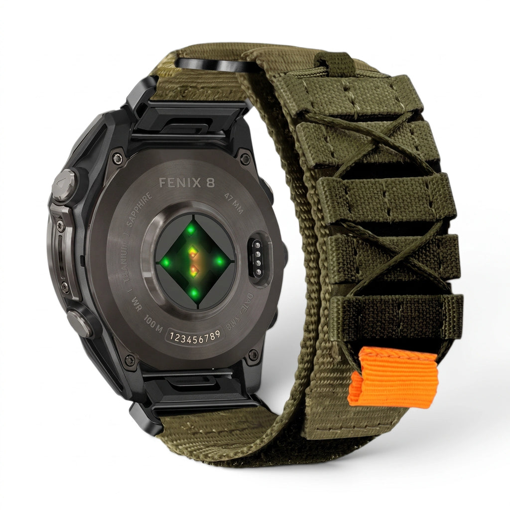 Bracelet Trekker nylon kaki, vue de face - Garmin QuickFit 26mm | Clipz-it