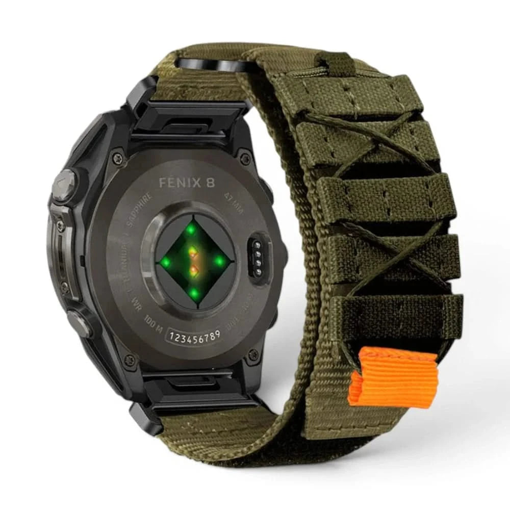 Bracelet Trekker nylon kaki, vue de face - Garmin QuickFit 26mm | Clipz-it