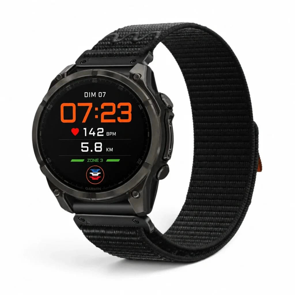 Bracelet Weave nylon tressé noir, vue de face - Garmin QuickFit 26mm | Clipz-it
