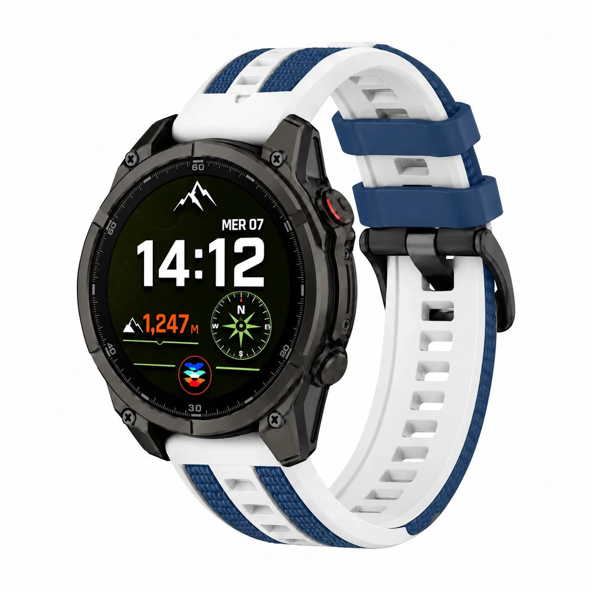 Bracelet Dyade silicone bicolore sport bleu/blanc, vue de face - Garmin QuickFit | Clipz-it