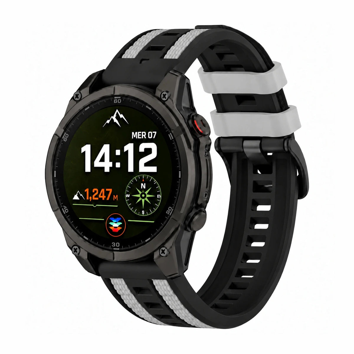 Bracelet Dyade silicone bicolore sport noir/gris, vue de face - Garmin QuickFit | Clipz-it