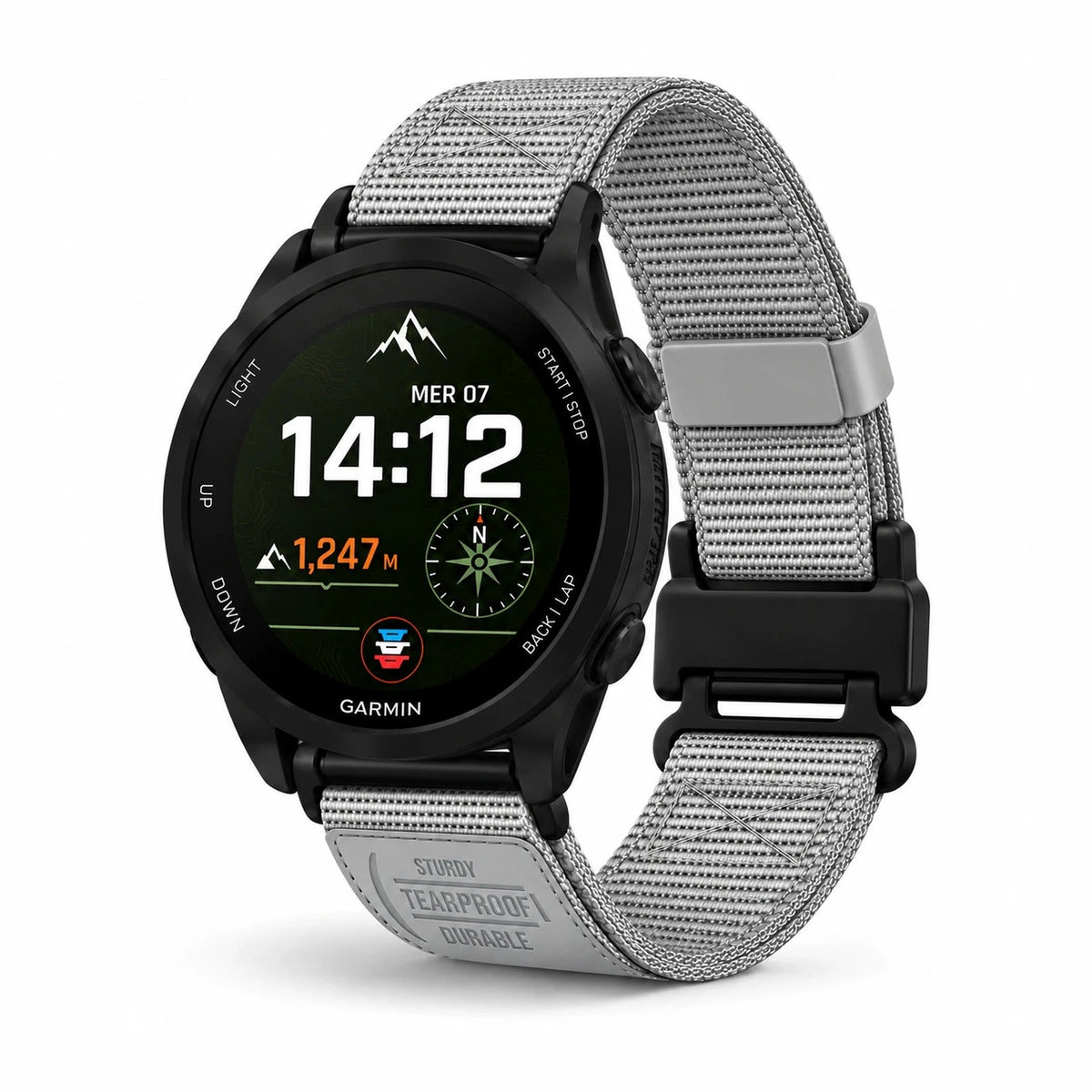 Bracelet Vanguard nylon magnétique gris, vue de face - Garmin QuickFit | Clipz-it