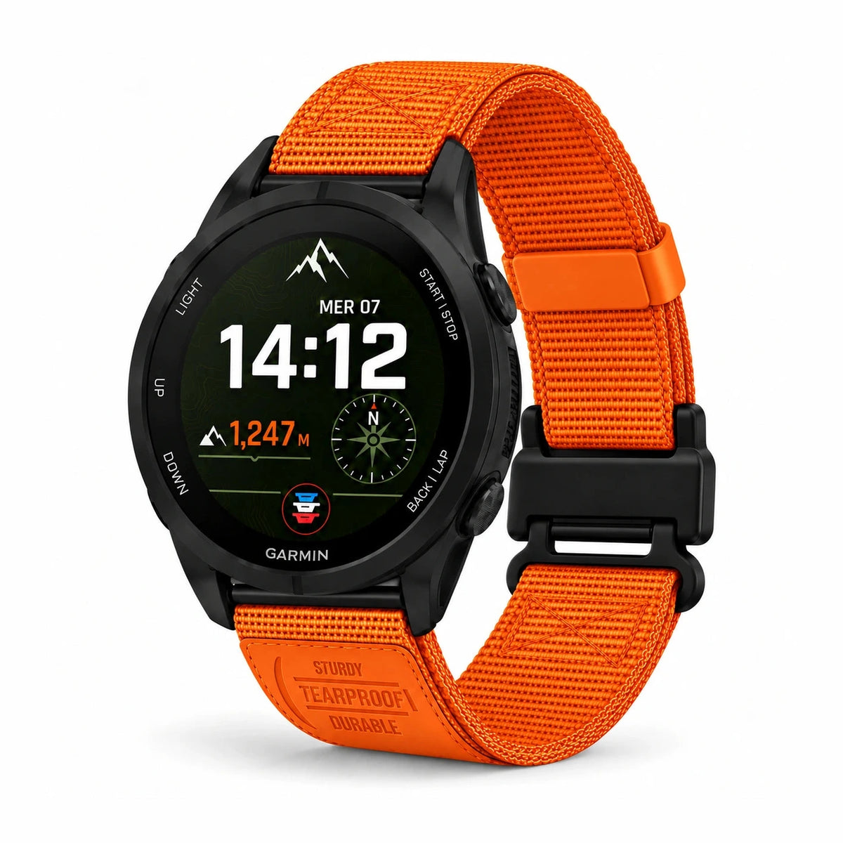 Bracelet Vanguard nylon magnétique orange, vue de face - Garmin QuickFit | Clipz-it