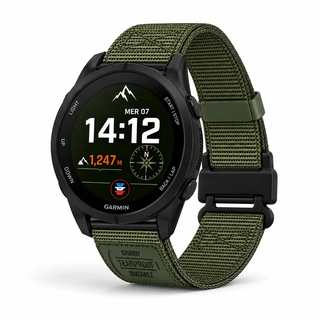 Bracelet Vanguard nylon magnétique vert, vue de face - Garmin QuickFit | Clipz-it