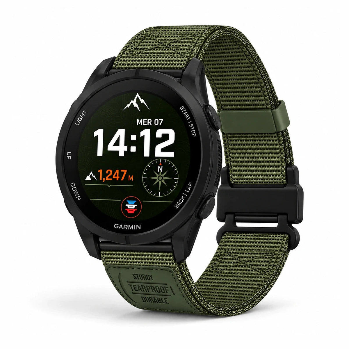 Bracelet Vanguard nylon magnétique vert, vue de face - Garmin QuickFit | Clipz-it