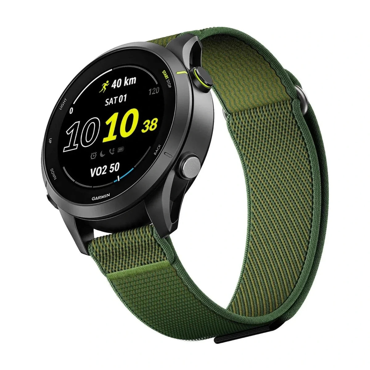 Bracelet Pace nylon extensible vert foncé, avec montre, vue principale - Garmin Quick Release 22mm | Clipz-it