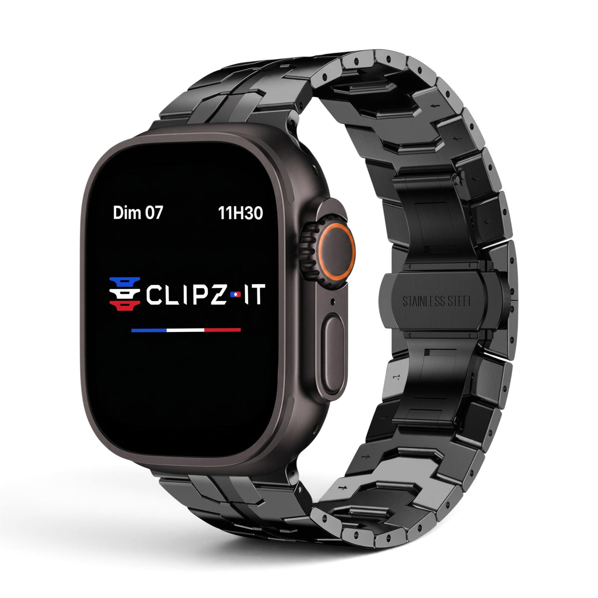 Clipz It Atlas black brushed titanium link bracelet for Apple Watch Ultra with secure butterfly clasp