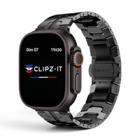 Clipz It Atlas black brushed titanium link bracelet for Apple Watch Ultra with secure butterfly clasp