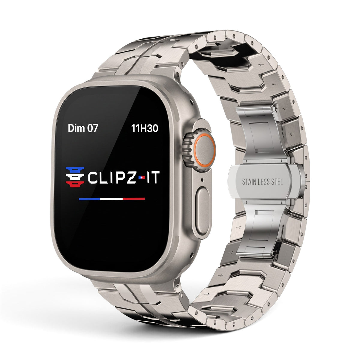 Clipz It Atlas brushed titanium link bracelet for Apple Watch Ultra with a secure butterfly deployment clasp