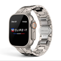 Clipz It Atlas brushed titanium link bracelet for Apple Watch Ultra with a secure butterfly deployment clasp