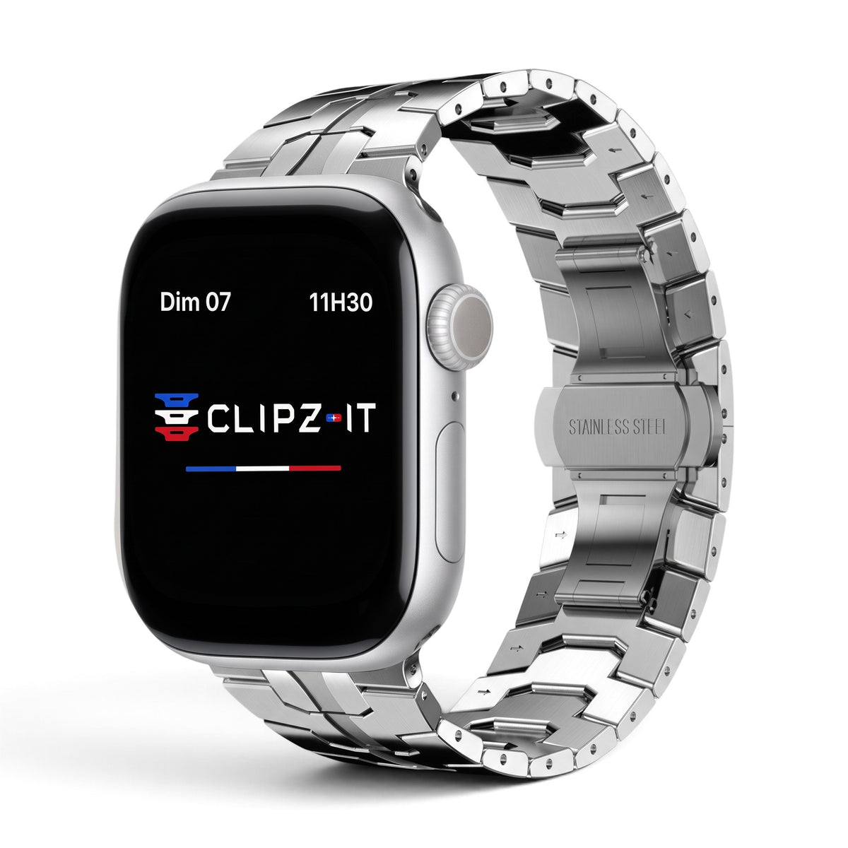 Clipz It Atlas brushed titanium link bracelet for Apple Watch with a secure butterfly clasp in silver finish