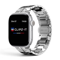 Clipz It Atlas brushed titanium link bracelet for Apple Watch with a secure butterfly clasp in silver finish