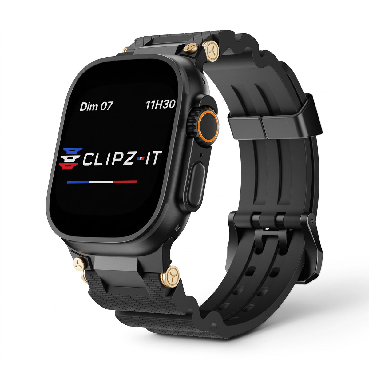 Clipz It Aureus black silicone watch band with 18K gold-plated accents for Apple Watch on a white background