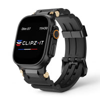 Clipz It Aureus black silicone watch band with 18K gold-plated accents for Apple Watch on a white background