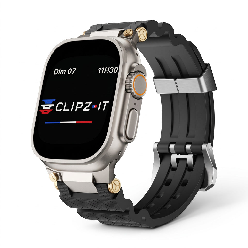Clipz It Aureus black silicone watch band with 18k gold-plated accents attached to an Apple Watch Ultra