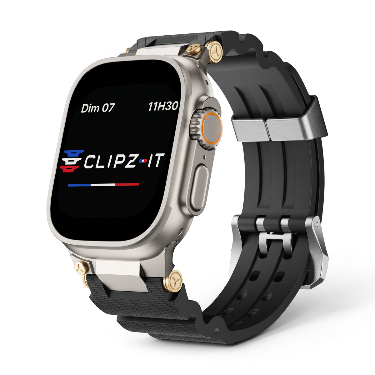 Clipz It Aureus black silicone watch band with 18k gold-plated accents attached to an Apple Watch Ultra