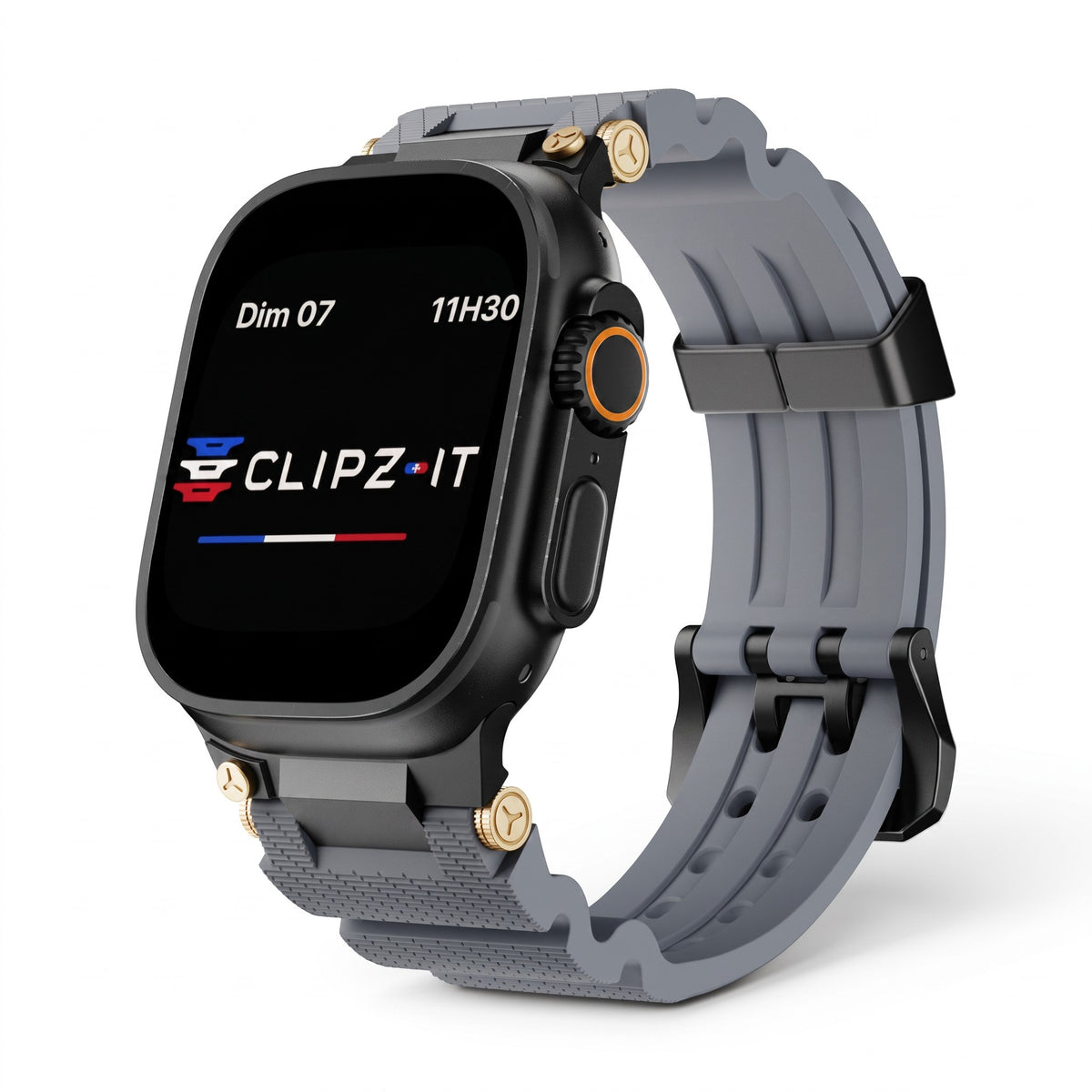 Clipz It Aureus grey silicone watch band with 18K gold-plated accents attached to a black Apple Watch