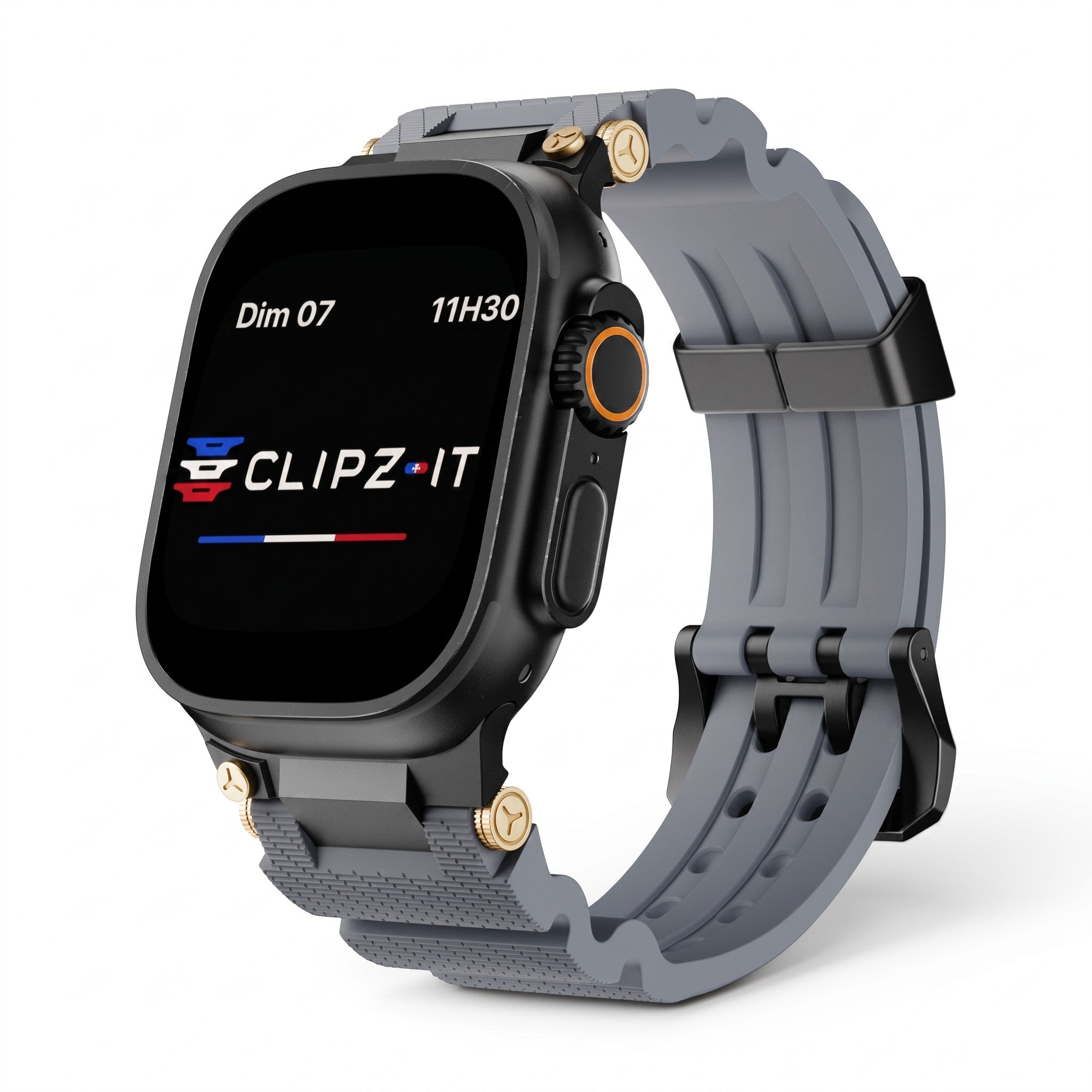 Clipz It Aureus grey silicone watch band with 18K gold-plated accents attached to a black Apple Watch