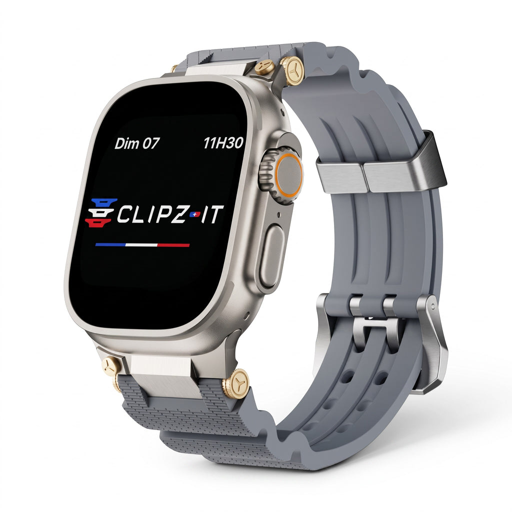 Clipz It Aureus grey silicone watch band with 18k gold-plated accents attached to an Apple Watch Ultra