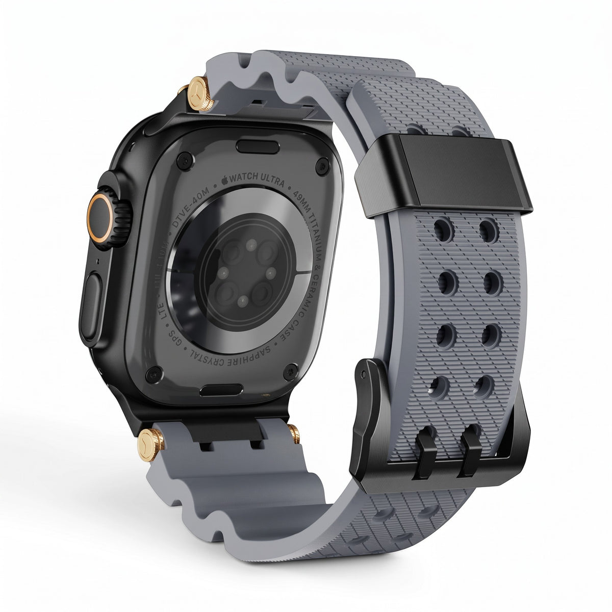 Clipz It Aureus grey silicone Apple Watch strap with 18K gold-plated accents and black buckle, rear view