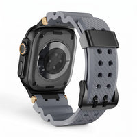 Clipz It Aureus grey silicone Apple Watch strap with 18K gold-plated accents and black buckle, rear view
