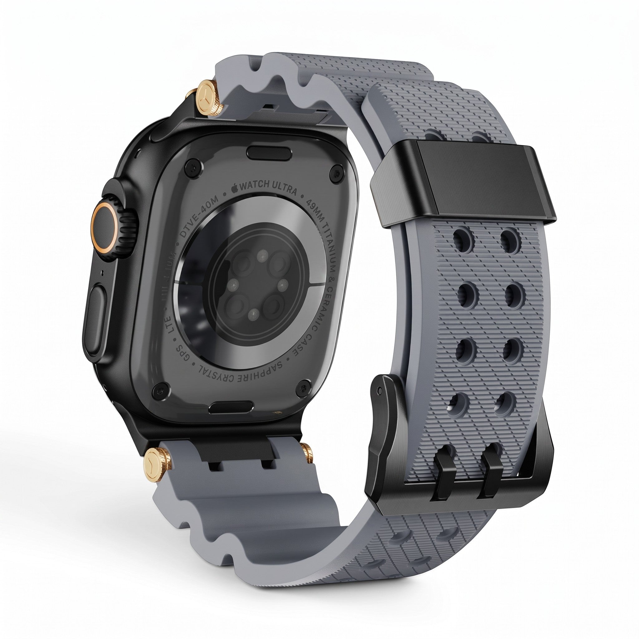 Clipz It Aureus grey silicone Apple Watch strap with 18K gold-plated accents and black buckle, rear view