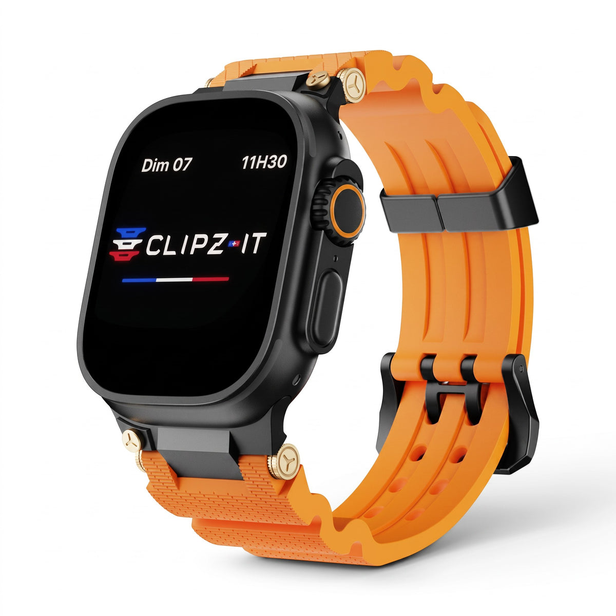 Clipz It Aureus orange silicone Apple Watch band with 18k gold plated accents and black buckle