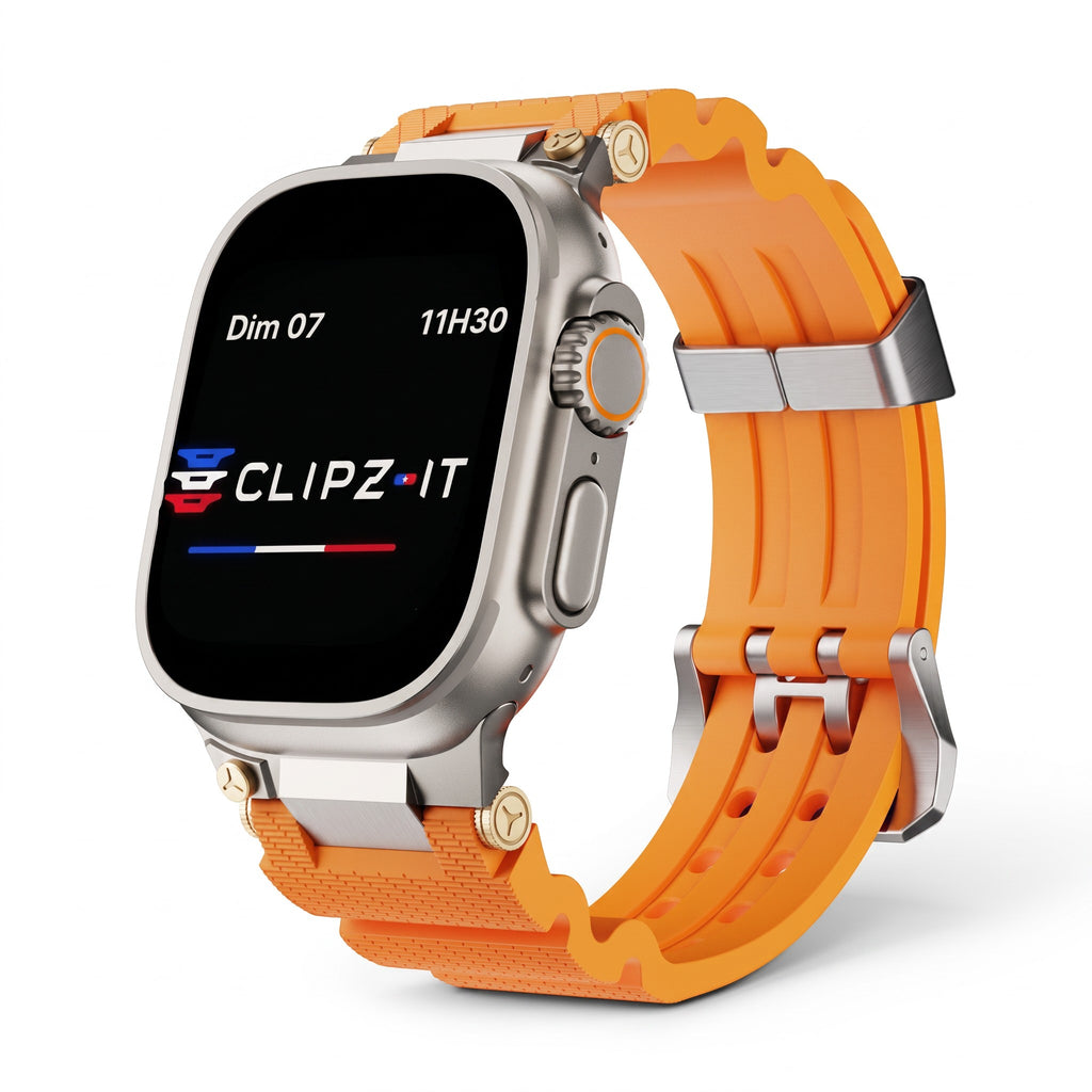 Clipz It Aureus orange silicone watch band with 18K gold-plated accents attached to an Apple Watch Ultra