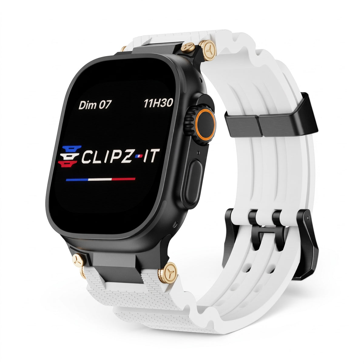 Clipz It Aureus white silicone Apple Watch band with 18k gold-plated accents and black buckle on a black watch case