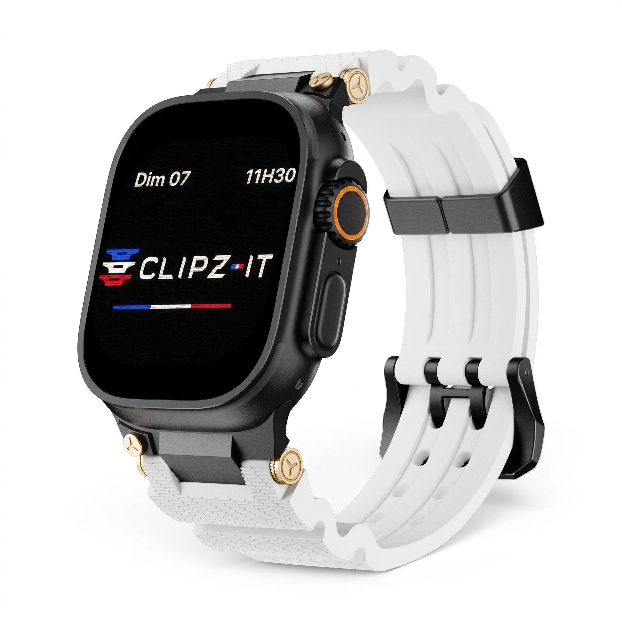 Clipz It Aureus white silicone Apple Watch band with 18k gold-plated accents and black buckle on a black watch case