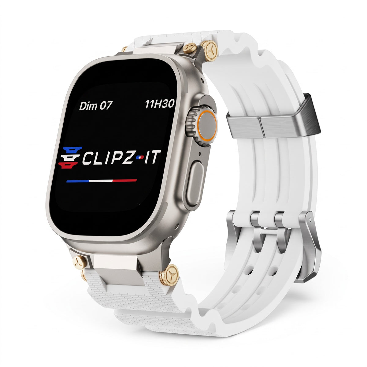 Clipz It Aureus white silicone watch band with 18k gold-plated accents attached to an Apple Watch Ultra