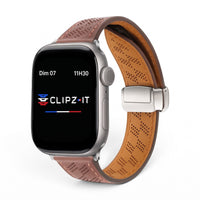 Clipz It brown perforated leather Apple Watch strap with magnetic clasp and GT-inspired racing design